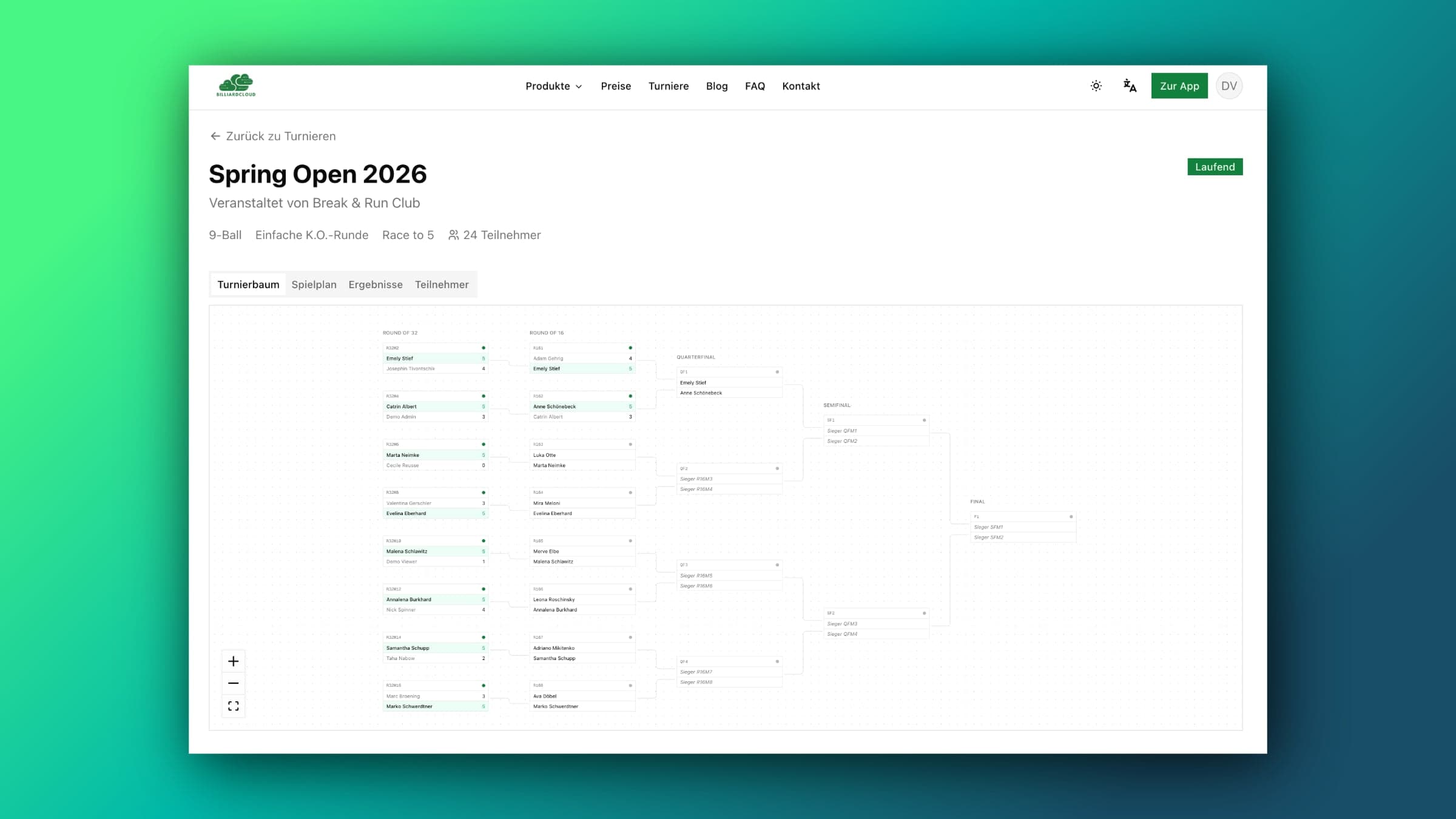Real-time results for players and spectators